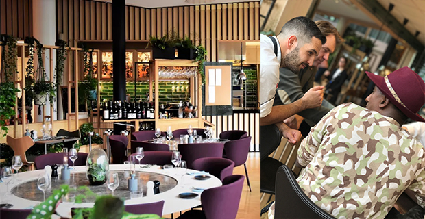 Marcus Samuelsson på plats på Clarion Hotel Sign i Stockholm tillsammans med kökspersonalen.