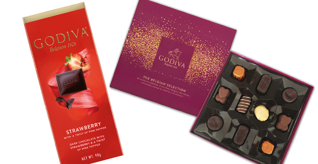 Godiva jordgubb och rosépeppar och The Belgian Selection.