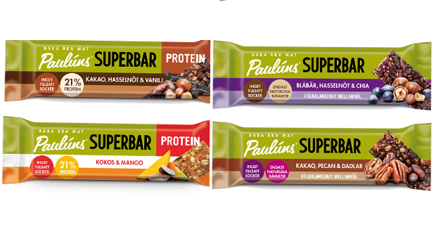 Nu lanseras Paulúns Superbar och Paulúns Superbar Protein i vardera två smaker för den medvetna konsumenten som vill ha ett nyttigt och gott mellanmål utan tillsatt socker.