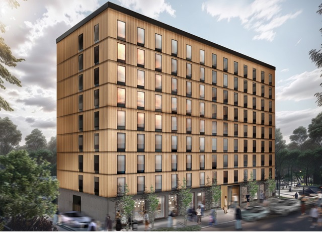 Hotellet i Falkenberg är snart färdigbyggt och blir åtta våningar högt. Illustration: Slättö/Strawberry