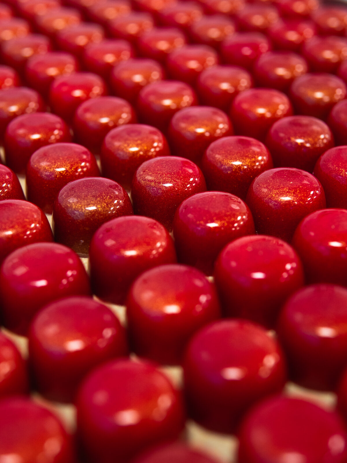 Innehållet fylls i en pralinform med målade och gjutna chokladskal.