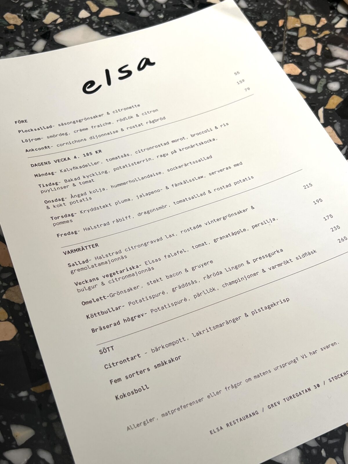 Menyn under första veckan på restaurang Elsa.