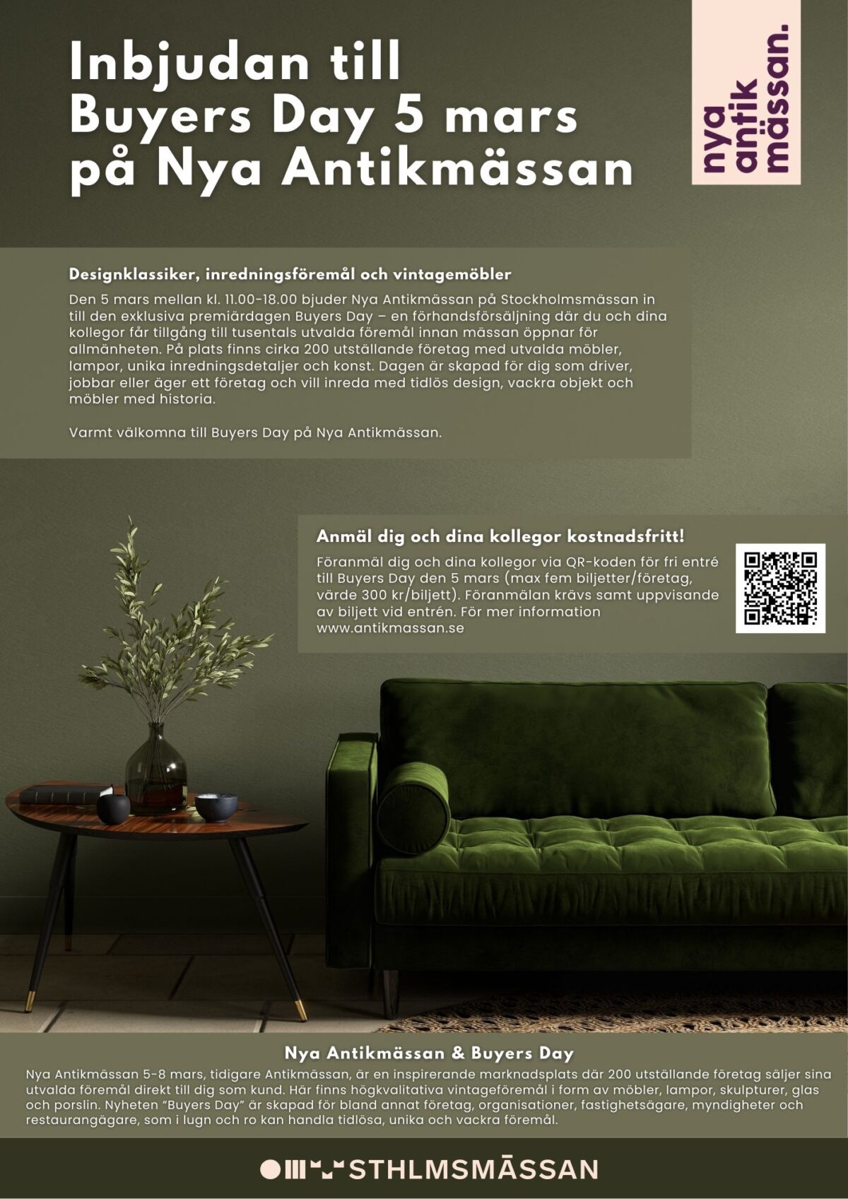 Nya Antikmässan arrangeras 5–8 mars 2026 på Stockholmsmässan i Älvsjö.